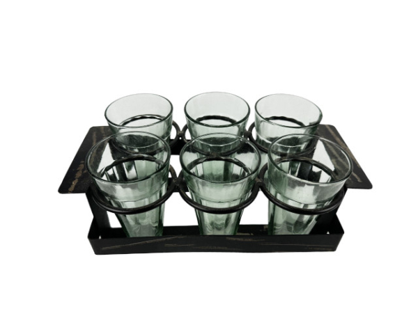 Seitenansicht Chai Träger Schwarz mit 6 Gläsern